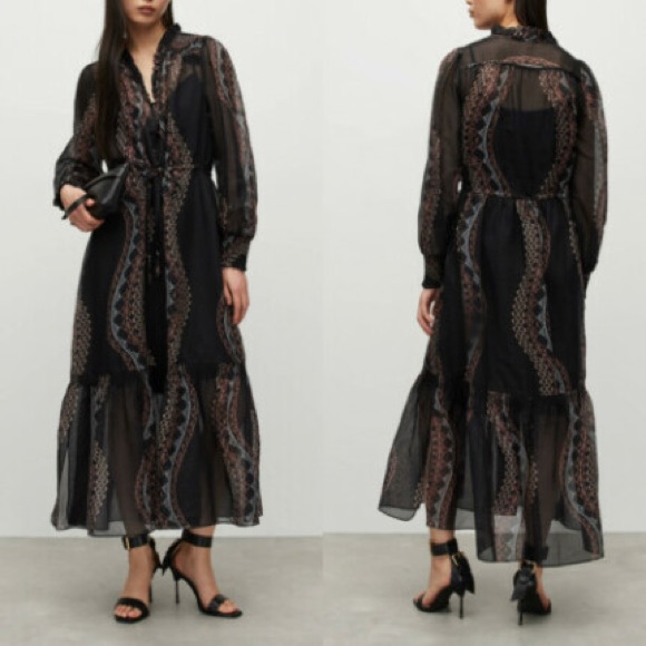 Allsaints Black Printed Long Sleeve Tie-Waist Maxi Dress